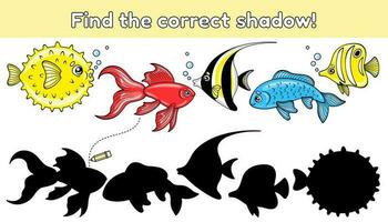 Educational matching game for children. Find the correct shadow and connect it with the corresponding fish. Puzzle for preschool and school education. Activity book for kids. Vector cartoon fishes.