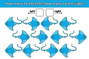 Math educational game for children. Count how many stingrays are swimming right and left. Worksheet for kindergarten and preschool education. Activity book for kids. Vector cartoon sea animals.