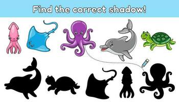 Educational matching game for children. Find the correct shadow. Puzzle for preschool and school education. Activity book for kids. Vector cartoon cute squid, stingray, octopus, dolphin and turtle.