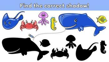 Educational matching game for children. Find the correct shadow. Puzzle for preschool and school education. Activity book for kids. Vector cartoon whale, stingray, fish, crab, jellyfish and seahorse.