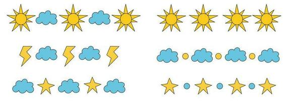 garabatear divisores clima. vector adornos y guirnaldas con decorativo elementos. divisores con sol, nubes, estrellas, iluminación, puntos para cuadernos, diario, pancartas