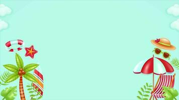 Sommer- Ferien Animation. Sommer- Strand Rahmen durch das Meer mit Strand Stühle, Brille, Kokosnuss Bäume, Surfbretter, Hüte, Regenschirme und Seestern. geeignet zum Video Elemente