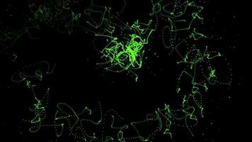 3D abstract digital technology animated green light particles on black background. video