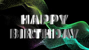 Text HAPPY BIRTHDAY silver 3d digital technology animated on multicolored particle background video