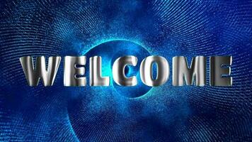 Text WELCOME silver 3D digital technology animated on blue particle background video