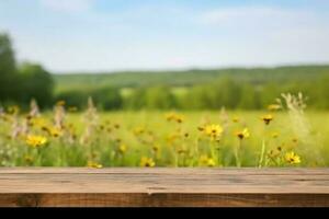 Wooden table flower field. Generate Ai photo