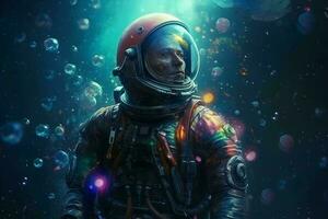 Astronaut galaxy bubbles. Generate Ai photo
