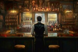 barman hombre antiguo bar. generar ai foto