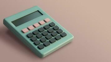 Pink calculator with yellow buttons on a blue background. 3d rendering photo