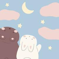 Cute bunny and teddy bear look at the starry sky. Kawaii illustration. vector