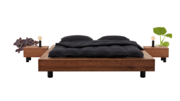 wooden bed with a mattress and an empty wooden table isolated transparent background png