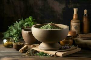 Herbs wooden table food. Generate Ai photo