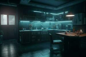 Cyberpunk kitchen interior. Generate Ai photo
