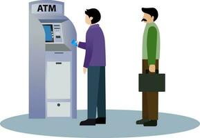 Man customer standing near atm machine vector illustration, Line queue at the ATM, transfering money with ATM machine, People standing in queue line to ATM terminal for money