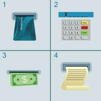 ATM Flat Icon set vector illustration, ATM process withdrawal pin code, ATM Card, money output, receipt of payment, finance and banking industry concept