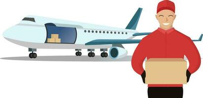 Delivery global logistic with airplane vector illustration, air delivery transportation, air logistic for international, air freight logistic with delivery man holding package, delivery website design