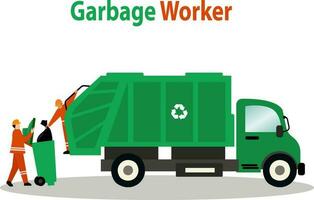 garbage worker push dumpster to the garbage truck illustration, garbage truck and sanitation worker vector illustration, trash bin, environmental cleaners