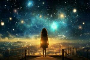 Astronomer child woman starry sky night. Generate Ai photo