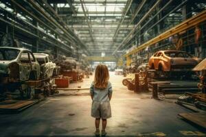 Engineer girl car assembly shop. Generate AI photo