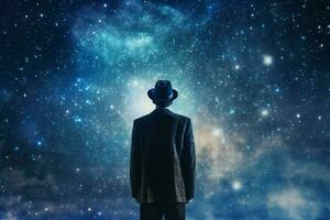 astrónomo hombre parte superior sombrero estrellado cielo noche. generar ai foto