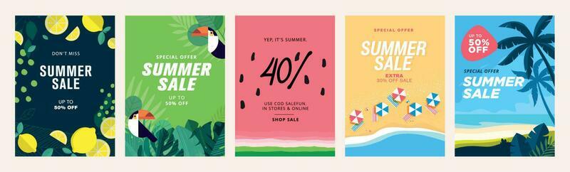 Summer sale banners and posters. Set of vector illustrations for web and social media banners, print material, newsletter designs, coupons, marketing.