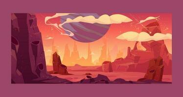 extraterrestre planeta superficie, futurista paisaje antecedentes con brillante Luna o satélite encima rock acantilado en oscuro estrellado cielo. fantasía montañas, libro o computadora juego escena, dibujos animados vector ilustración