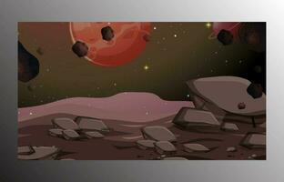 Alien planet surface, futuristic landscape background with glowing moon or satellite above rock cliff in dark starry sky. Fantasy mountains, book or computer game scene, Cartoon vector illustration