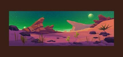 extraterrestre planeta superficie, futurista paisaje antecedentes con brillante Luna o satélite encima rock acantilado en oscuro estrellado cielo. fantasía montañas, libro o computadora juego escena, dibujos animados vector ilustración