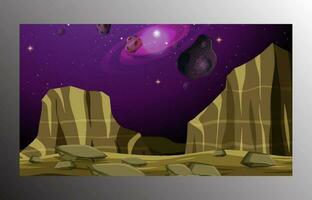 Alien planet surface, futuristic landscape background with glowing moon or satellite above rock cliff in dark starry sky. Fantasy mountains, book or computer game scene, Cartoon vector illustration