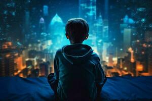 Computer child man blogger. Generate Ai photo