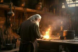 Blacksmith old man work forge. Generate Ai photo