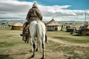 Mongolian ancient senior woman on horse. Generate Ai photo