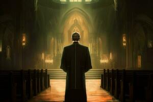 Priest man church sunset. Generate Ai photo