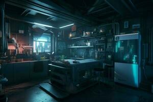 Cyberpunk kitchen interior soft light. Generate Ai photo