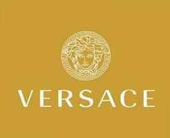 Versace marca logo con nombre blanco símbolo ropa diseño icono resumen vector ilustración con marrón antecedentes