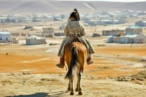 Mongolian ancient child on horse. Generate Ai photo