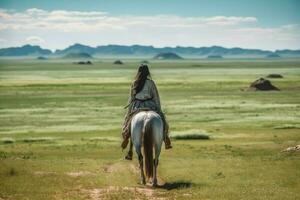 mongol antiguo niña paseo caballo. generar ai foto