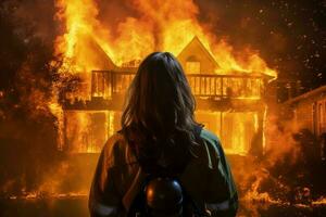 Firefighter woman team burning house. Generate Ai photo