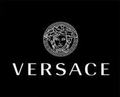 Versace marca logo con nombre blanco símbolo ropa diseño icono resumen vector ilustración con negro antecedentes