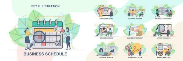 conjunto de web página diseño plantillas para negocio gestión, mercado investigación. negocio cronograma, mercado análisis web página composición con personas caracteres. moderno vector ilustración conceptos