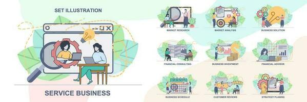 conjunto de web página diseño plantillas para negocio gestión, mercado investigación. negocio cronograma, mercado análisis web página composición con personas caracteres. moderno vector ilustración conceptos