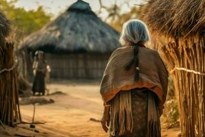 nativo mayor mujer tejado de paja chozas generar ai foto