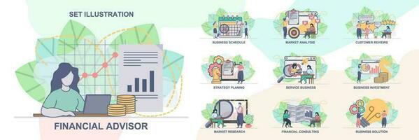 conjunto de web página diseño plantillas para negocio gestión, financiero tutor. negocio solución, financiero consultante web página composición con personas caracteres. moderno vector ilustración conceptos