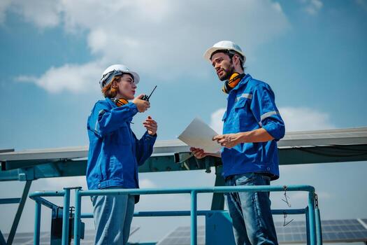 Solar engineers visually examine panel arrays on farm sites using blueprints and drawings to ensure that the alignment, surface, sunlight access, and structural stability meet standard requirements. photo