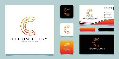 Initial C Letter technology and digital abstract dots connection logo vector with business card design Premium Vector