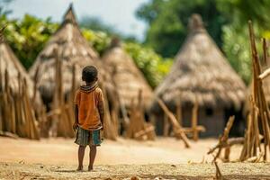 Native kid thatched huts. Generate Ai photo