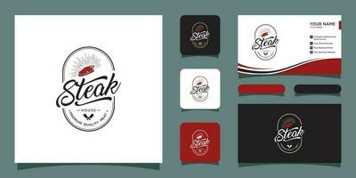 Steak house logo. Vintage Design. Handwriting with business card design Premium Vector