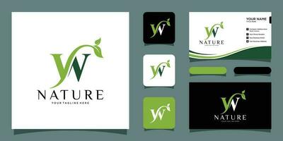 Initial letter w with leaf luxury logo. green leaf logo with business card design Premium Vector