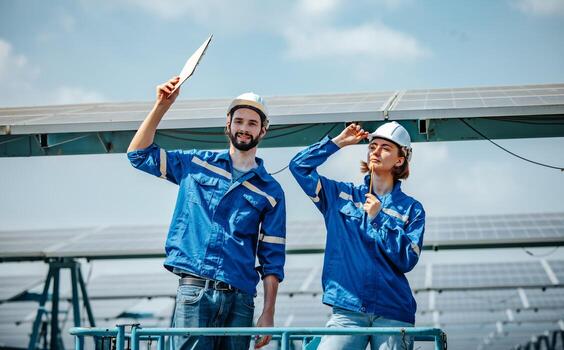 Solar engineers visually examine panel arrays on farm sites using blueprints and drawings to ensure that the alignment, surface, sunlight access, and structural stability meet standard requirements. photo