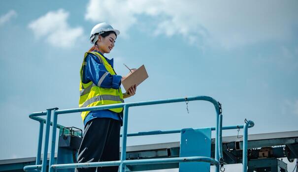 Solar engineers visually examine panel arrays on farm sites using blueprints and drawings to ensure that the alignment, surface, sunlight access, and structural stability meet standard requirements. photo